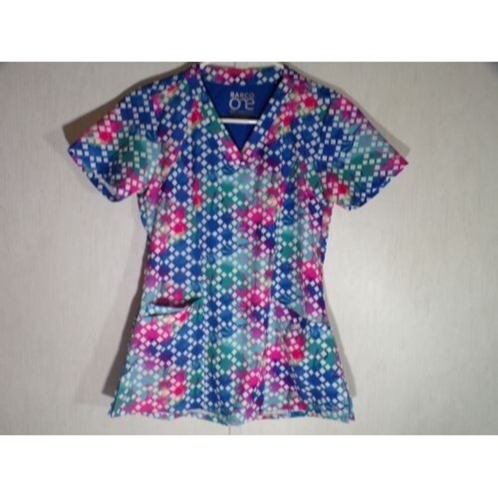 Barco One Womens Scrub Top XXS Stretch Multicolor V Neck Nurse Medical Daycare